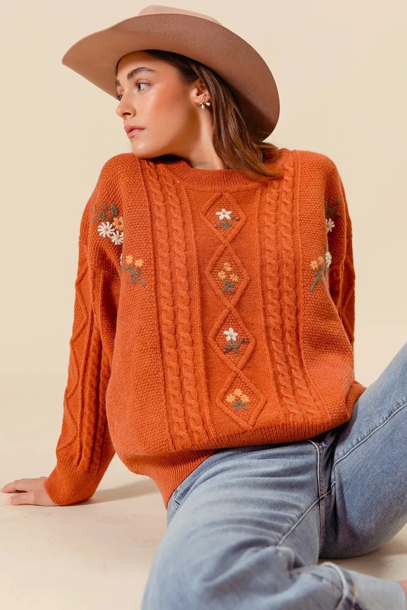 SO ME Embroidered Flower Cable Knitted Sweater-Sweaters-Trendsi-[option4]-[option5]-[option6]-[option7]-[option8]-Shop-Boutique-Clothing-for-Women-Online