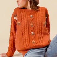 SO ME Embroidered Flower Cable Knitted Sweater-Sweaters-Trendsi-[option4]-[option5]-[option6]-[option7]-[option8]-Shop-Boutique-Clothing-for-Women-Online