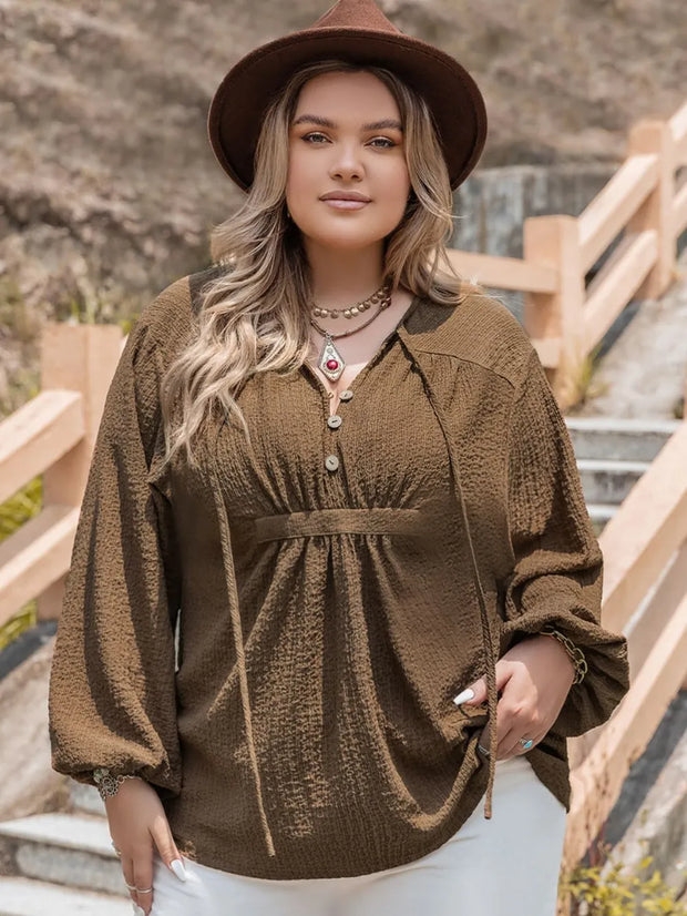 Plus Size Tie Neck Long Sleeve Blouse-Blouses-Trendsi-Coffee Brown-0XL-[option4]-[option5]-[option6]-[option7]-[option8]-Shop-Boutique-Clothing-for-Women-Online