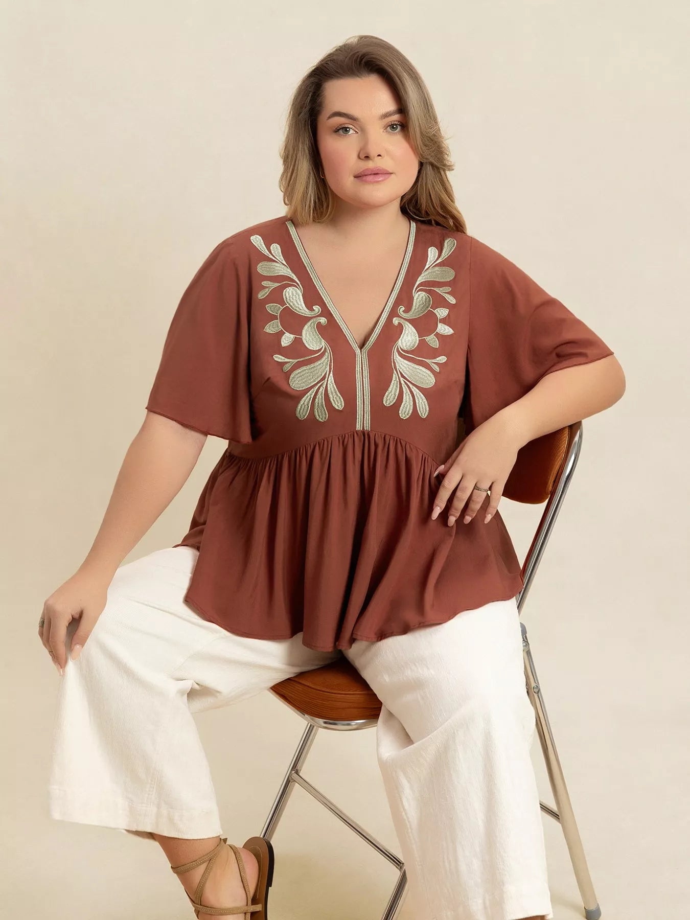 Plus Size Embroidered V-Neck Flutter Sleeve Blouse-Blouses-Trendsi-[option4]-[option5]-[option6]-[option7]-[option8]-Shop-Boutique-Clothing-for-Women-Online