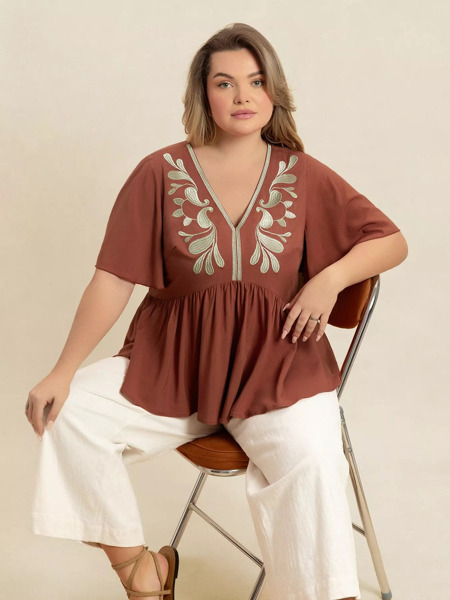 Plus Size Embroidered V-Neck Flutter Sleeve Blouse-Blouses-Trendsi-[option4]-[option5]-[option6]-[option7]-[option8]-Shop-Boutique-Clothing-for-Women-Online