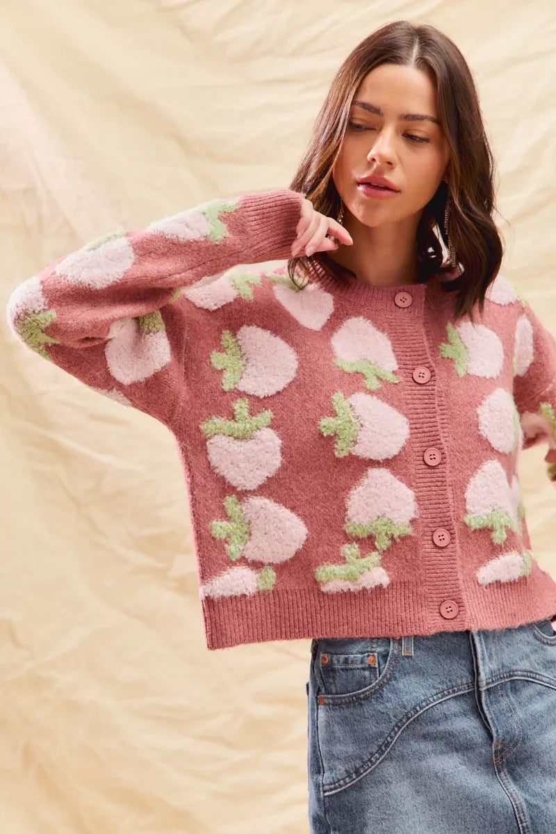 SO ME Strawberry Fruit All Over Button Sweater Cardigan-Cardigan-Trendsi-[option4]-[option5]-[option6]-[option7]-[option8]-Shop-Boutique-Clothing-for-Women-Online