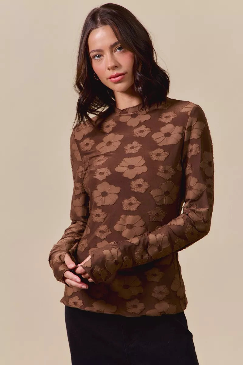 SO ME Stretched Jacquard Casual Tops with Thumb Opening-Blouses-Trendsi-BROWN-S-[option4]-[option5]-[option6]-[option7]-[option8]-Shop-Boutique-Clothing-for-Women-Online