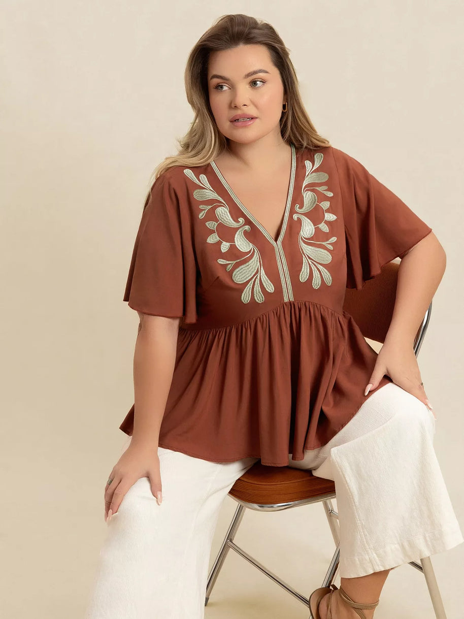 Plus Size Embroidered V-Neck Flutter Sleeve Blouse-Blouses-Trendsi-[option4]-[option5]-[option6]-[option7]-[option8]-Shop-Boutique-Clothing-for-Women-Online