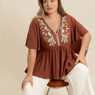 Plus Size Embroidered V-Neck Flutter Sleeve Blouse-Blouses-Trendsi-[option4]-[option5]-[option6]-[option7]-[option8]-Shop-Boutique-Clothing-for-Women-Online