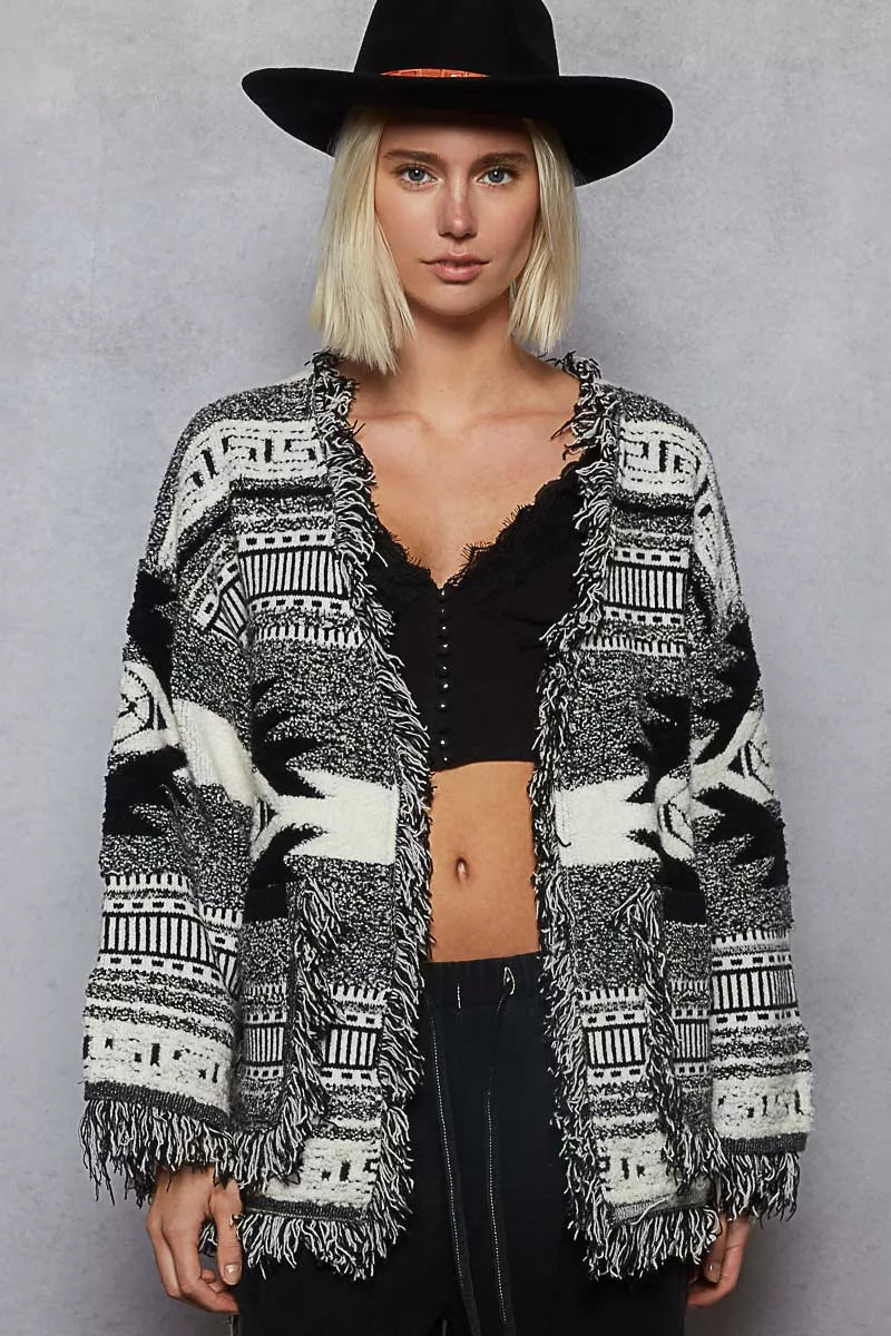 POL Open Front Geometric Print Cardigan with Fringe Detail-Cardigan-Trendsi-BLACK MULTI-S-[option4]-[option5]-[option6]-[option7]-[option8]-Shop-Boutique-Clothing-for-Women-Online