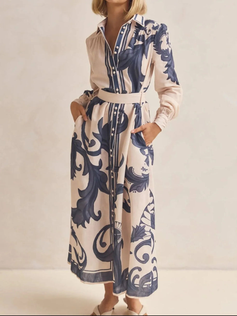 Printed Button Down Belted Shirt Dress-Dresses-Trendsi-Apricot Bottom Black Print-S-[option4]-[option5]-[option6]-[option7]-[option8]-Shop-Boutique-Clothing-for-Women-Online