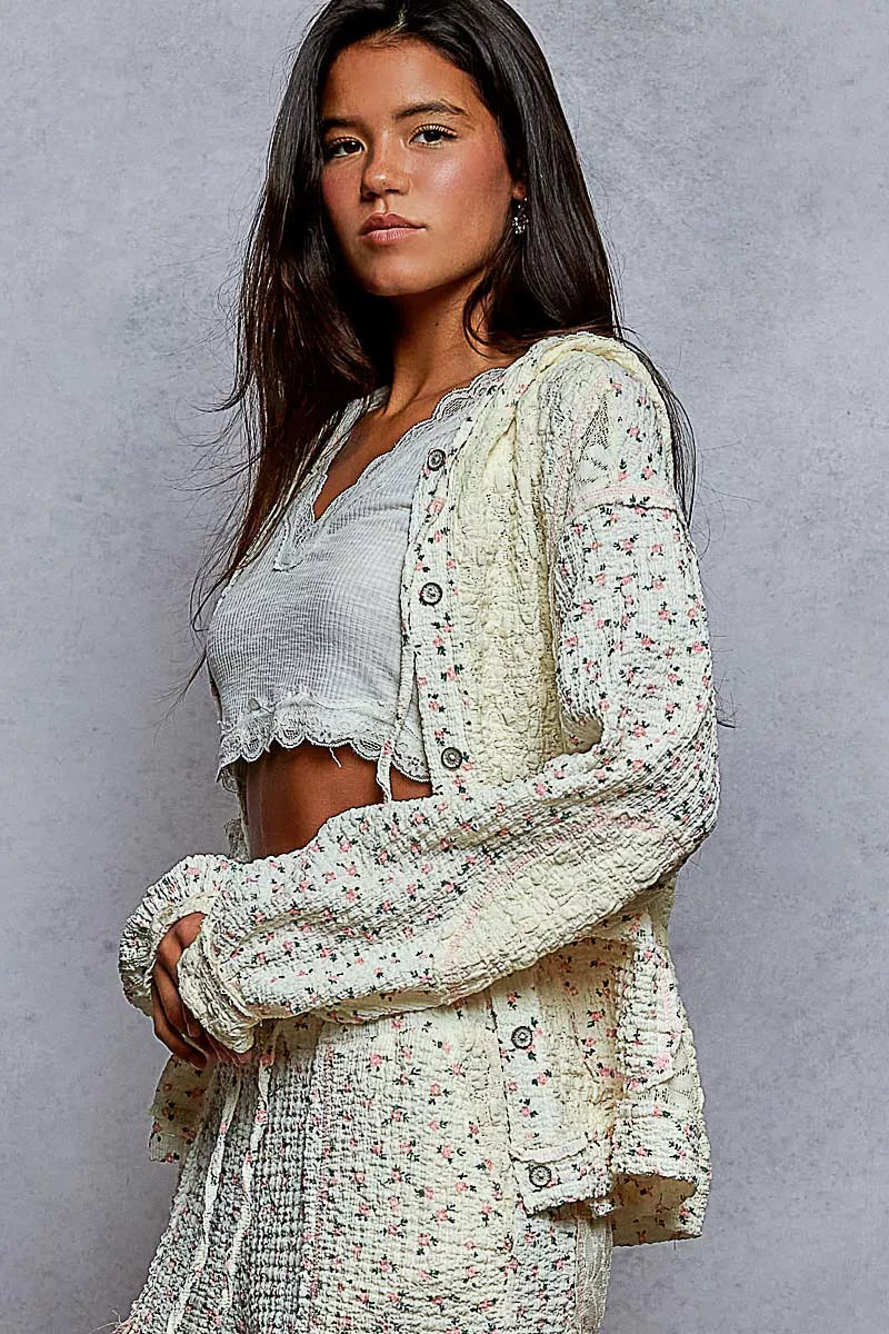 POL Floral Balloon Sleeve Hooded Lace Jacket with Stitch Detail-Jacket-Trendsi-[option4]-[option5]-[option6]-[option7]-[option8]-Shop-Boutique-Clothing-for-Women-Online