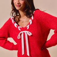 SO ME Satin Tape Braided Ribbon Tie V Neck Sweater-Sweaters-Trendsi-[option4]-[option5]-[option6]-[option7]-[option8]-Shop-Boutique-Clothing-for-Women-Online