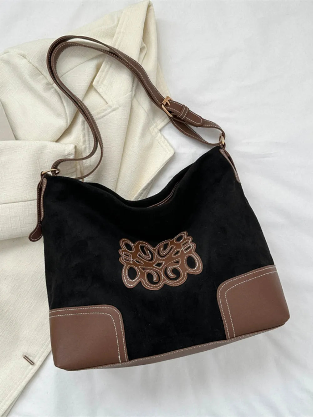 Suede Patch Adjustable Strap Tote Bag-Bags-Trendsi-Black-One Size-[option4]-[option5]-[option6]-[option7]-[option8]-Shop-Boutique-Clothing-for-Women-Online