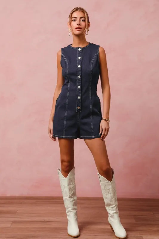 SO ME Button Up Front Washed Denim Sleeveless Romper-Rompers-Trendsi-[option4]-[option5]-[option6]-[option7]-[option8]-Shop-Boutique-Clothing-for-Women-Online