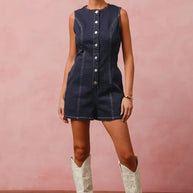 SO ME Button Up Front Washed Denim Sleeveless Romper-Rompers-Trendsi-[option4]-[option5]-[option6]-[option7]-[option8]-Shop-Boutique-Clothing-for-Women-Online