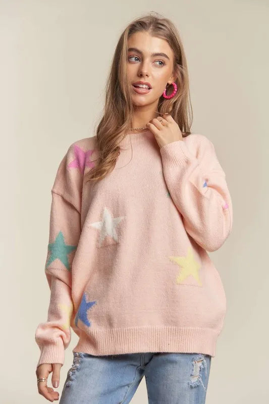 ADORA Stars Pattern Round Neck Drop Shoulder Sweater-Sweaters-Trendsi-[option4]-[option5]-[option6]-[option7]-[option8]-Shop-Boutique-Clothing-for-Women-Online