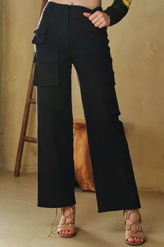 Davi & Dani Flap Pocket Mid Rise Cargo Pants-pants-Trendsi-Black-S-[option4]-[option5]-[option6]-[option7]-[option8]-Shop-Boutique-Clothing-for-Women-Online