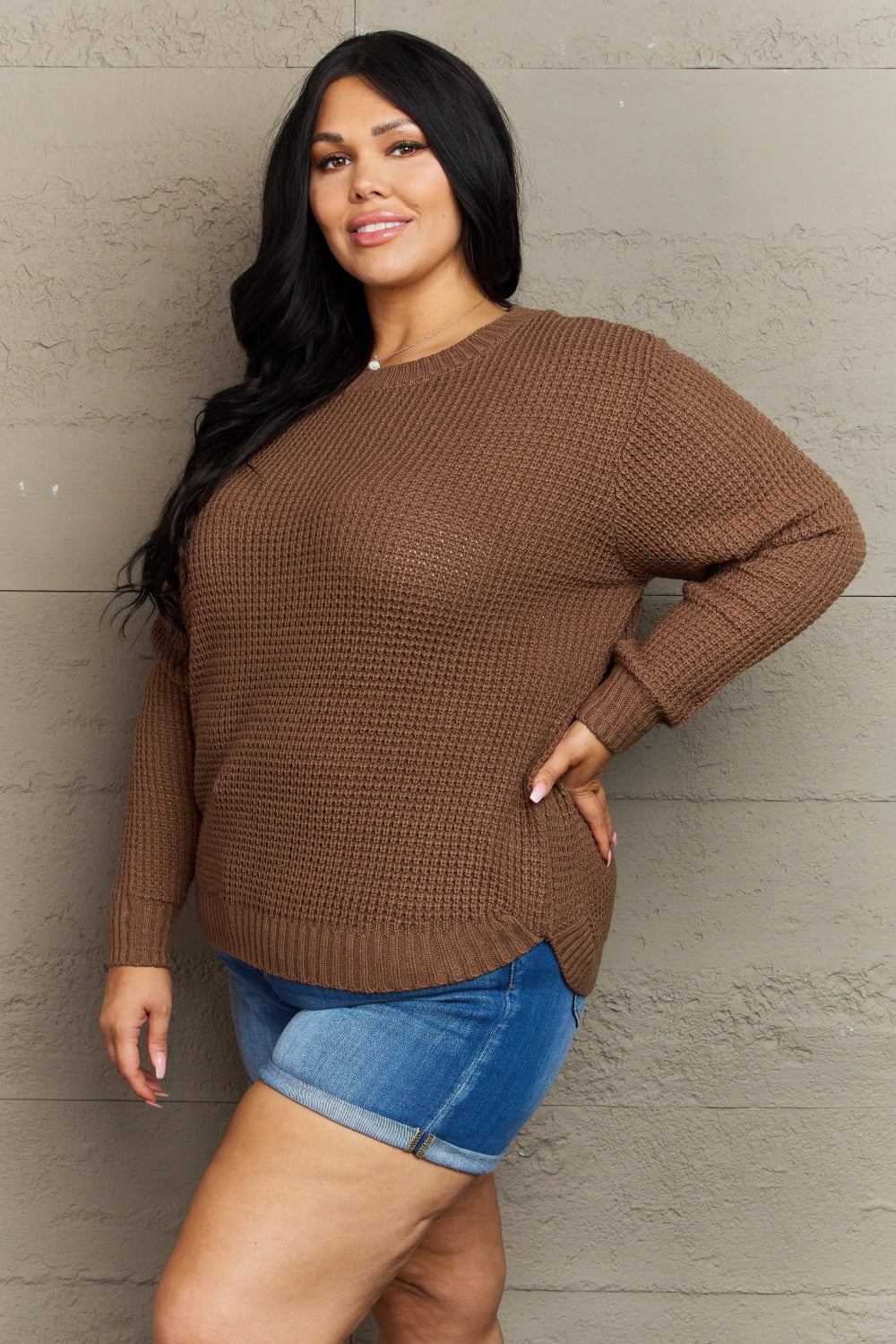 Zenana Breezy Days Plus Size High Low Waffle Knit Sweater-Sweaters-Trendsi-[option4]-[option5]-[option6]-[option7]-[option8]-Shop-Boutique-Clothing-for-Women-Online