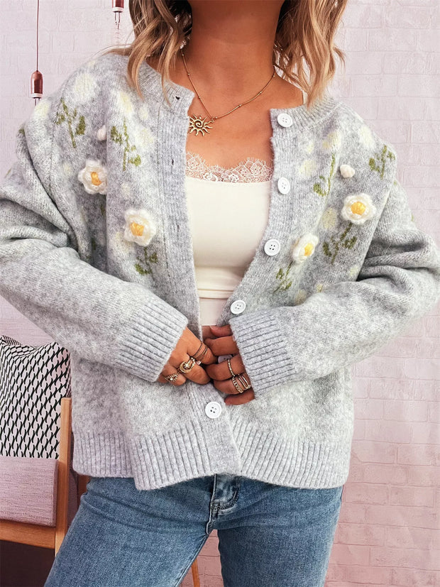 Flower Button Up Long Sleeve Cardigan-Cardigan-Trendsi-Light Gray-One Size-[option4]-[option5]-[option6]-[option7]-[option8]-Shop-Boutique-Clothing-for-Women-Online