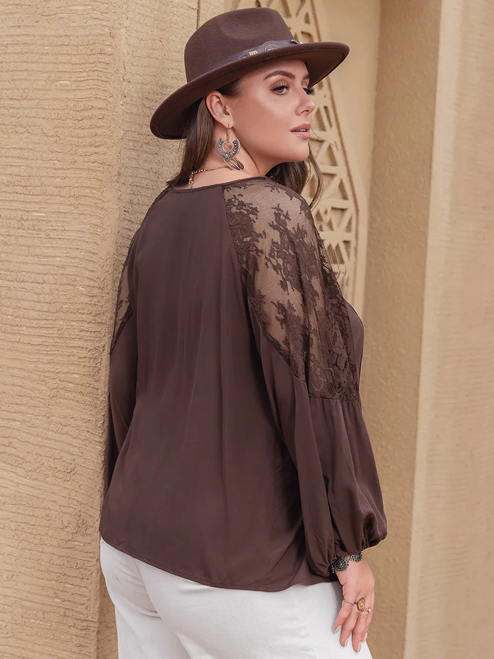 Plus Size Lace Detail Tie Neck Long Sleeve Blouse-Blouses-Trendsi-[option4]-[option5]-[option6]-[option7]-[option8]-Shop-Boutique-Clothing-for-Women-Online