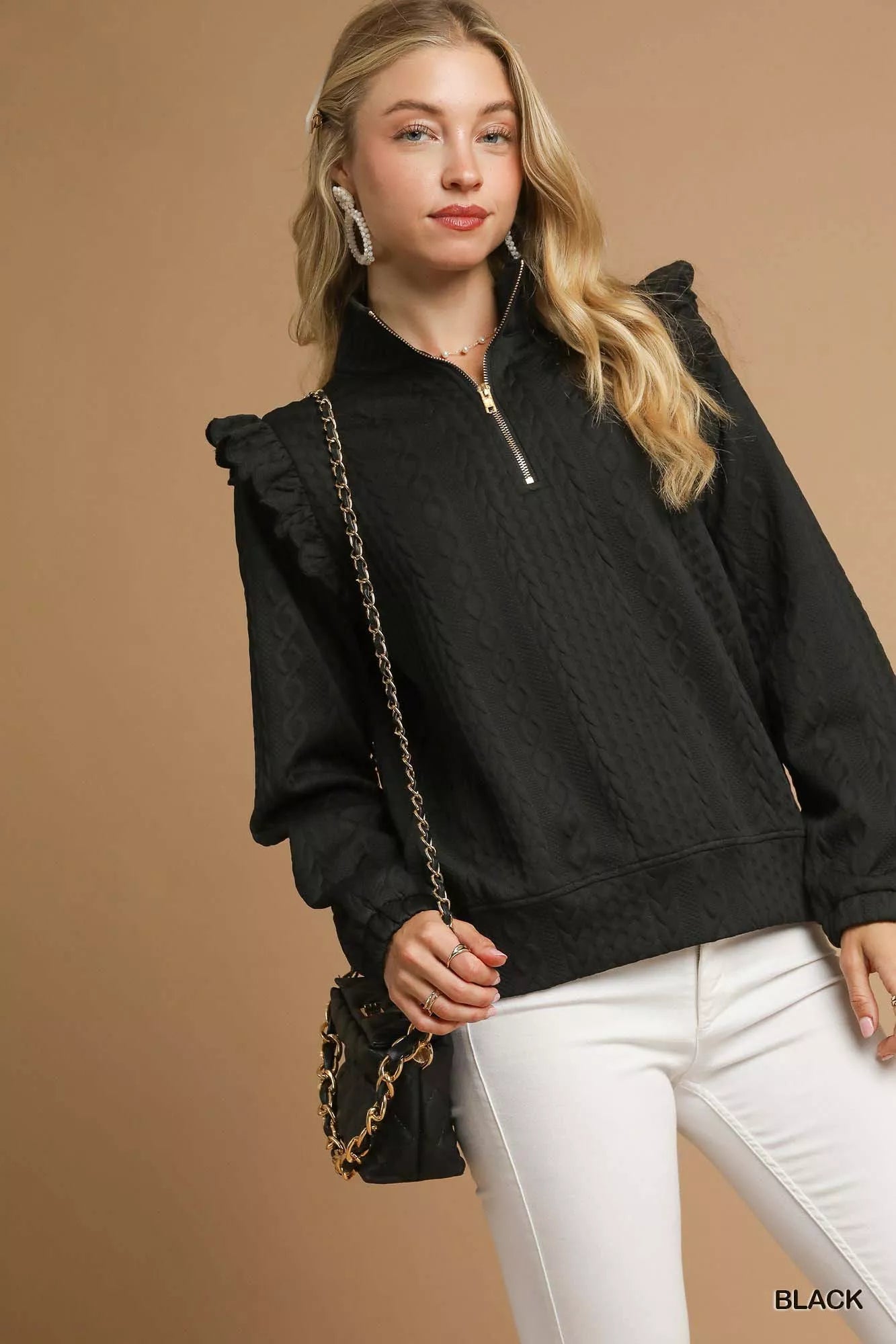 Umgee Cable Knit Textured Pullover with Ruffle Shoulders-Sweatshirts & Hoodies-Trendsi-Black-XS-[option4]-[option5]-[option6]-[option7]-[option8]-Shop-Boutique-Clothing-for-Women-Online
