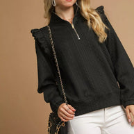 Umgee Cable Knit Textured Pullover with Ruffle Shoulders-Sweatshirts & Hoodies-Trendsi-Black-XS-[option4]-[option5]-[option6]-[option7]-[option8]-Shop-Boutique-Clothing-for-Women-Online