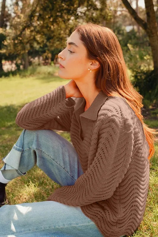 SO ME Notched Collar Wavy Texture Sweater Top-Sweaters-Trendsi-[option4]-[option5]-[option6]-[option7]-[option8]-Shop-Boutique-Clothing-for-Women-Online