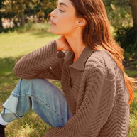 SO ME Notched Collar Wavy Texture Sweater Top-Sweaters-Trendsi-[option4]-[option5]-[option6]-[option7]-[option8]-Shop-Boutique-Clothing-for-Women-Online
