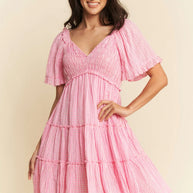Davi & Dani Jacquard Checker Smocking Tiered Dress-Dresses-Trendsi-BARBIE PINK-S-[option4]-[option5]-[option6]-[option7]-[option8]-Shop-Boutique-Clothing-for-Women-Online