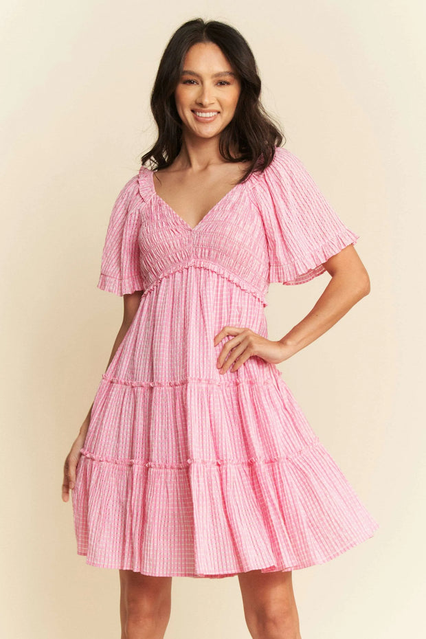 Davi & Dani Jacquard Checker Smocking Tiered Dress-Dresses-Trendsi-BARBIE PINK-S-[option4]-[option5]-[option6]-[option7]-[option8]-Shop-Boutique-Clothing-for-Women-Online