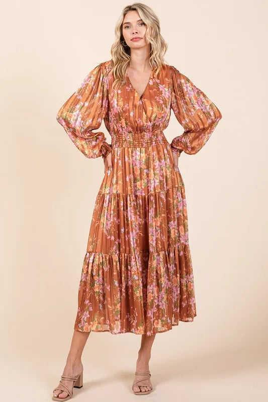 Mittoshop Flower Print Satin Lurex Stripe Smocked Midi Dress-Dresses-Trendsi-[option4]-[option5]-[option6]-[option7]-[option8]-Shop-Boutique-Clothing-for-Women-Online