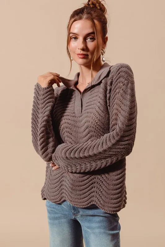 SO ME Notched Collar Wavy Texture Sweater Top-Sweaters-Trendsi-COFFEE-S-[option4]-[option5]-[option6]-[option7]-[option8]-Shop-Boutique-Clothing-for-Women-Online