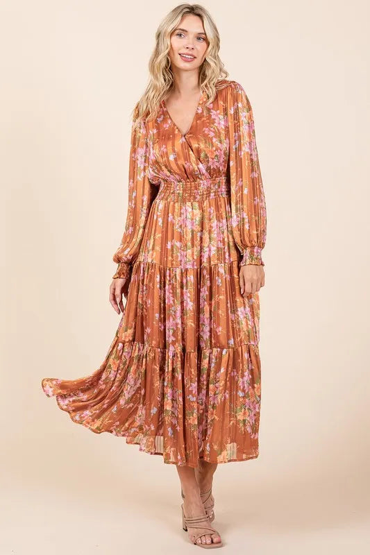 Mittoshop Flower Print Satin Lurex Stripe Smocked Midi Dress-Dresses-Trendsi-[option4]-[option5]-[option6]-[option7]-[option8]-Shop-Boutique-Clothing-for-Women-Online
