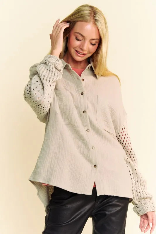 Davi & Dani Crochet Sleeve Crinkled Texture Shirt-Blouses-Trendsi-Khaki-S-[option4]-[option5]-[option6]-[option7]-[option8]-Shop-Boutique-Clothing-for-Women-Online