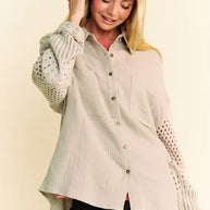 Davi & Dani Crochet Sleeve Crinkled Texture Shirt-Blouses-Trendsi-Khaki-S-[option4]-[option5]-[option6]-[option7]-[option8]-Shop-Boutique-Clothing-for-Women-Online