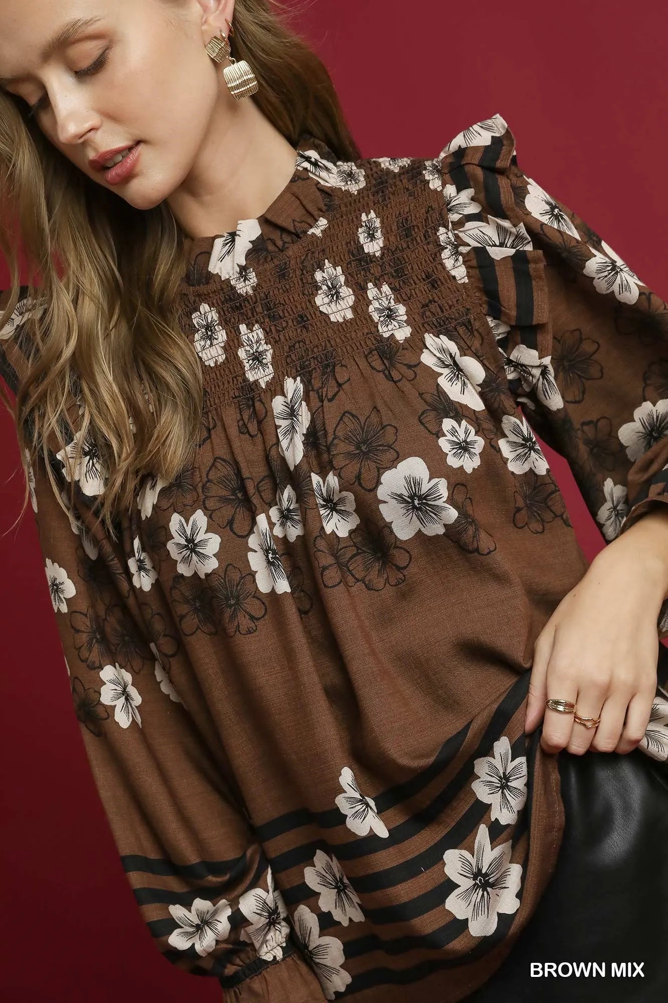 Umgee Full Size Mix Floral Smocked Ruffle Blouse-Blouses-Trendsi-[option4]-[option5]-[option6]-[option7]-[option8]-Shop-Boutique-Clothing-for-Women-Online