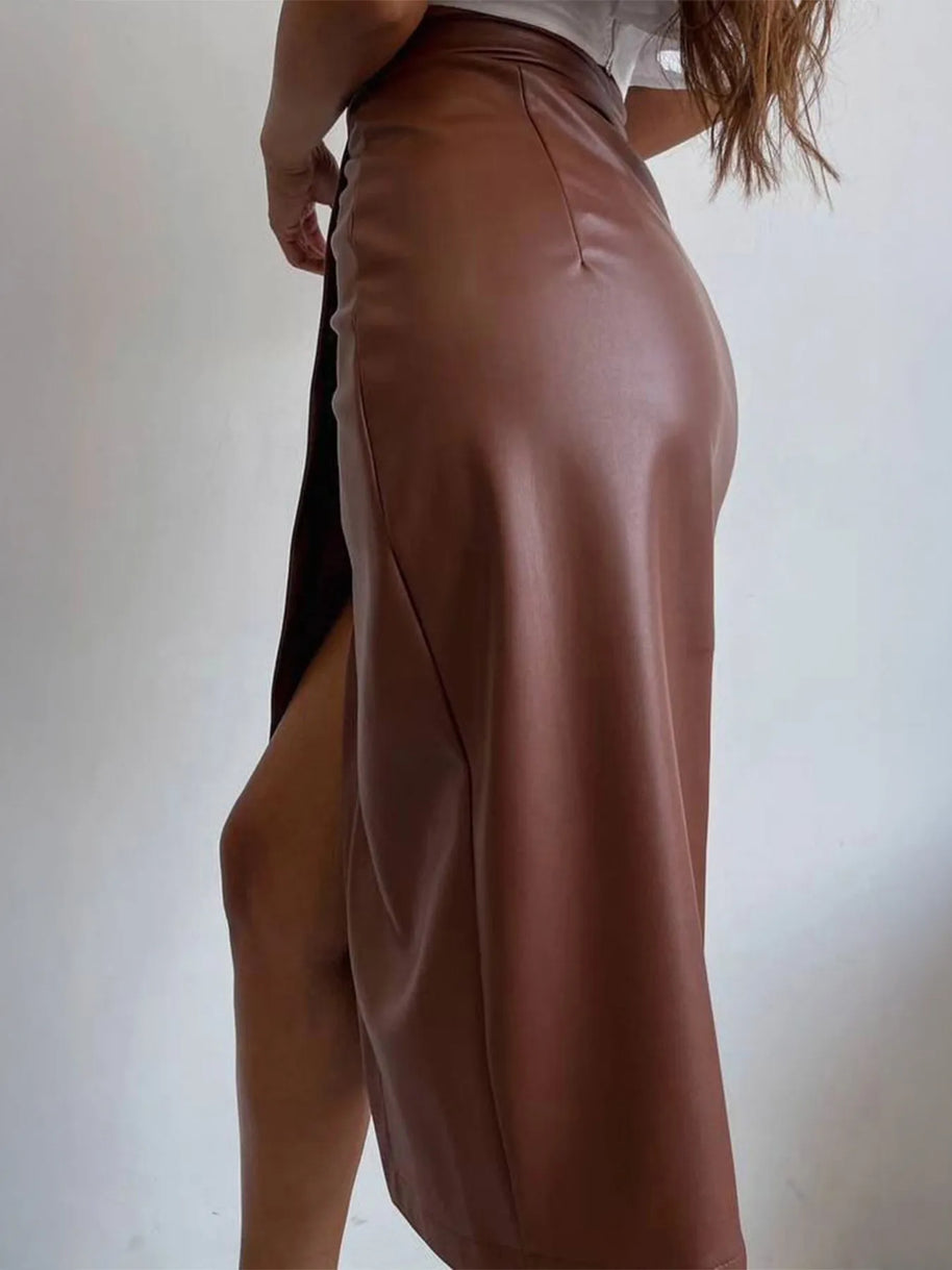 Slit Leather Midi Skirt-Skirts-Trendsi-[option4]-[option5]-[option6]-[option7]-[option8]-Shop-Boutique-Clothing-for-Women-Online