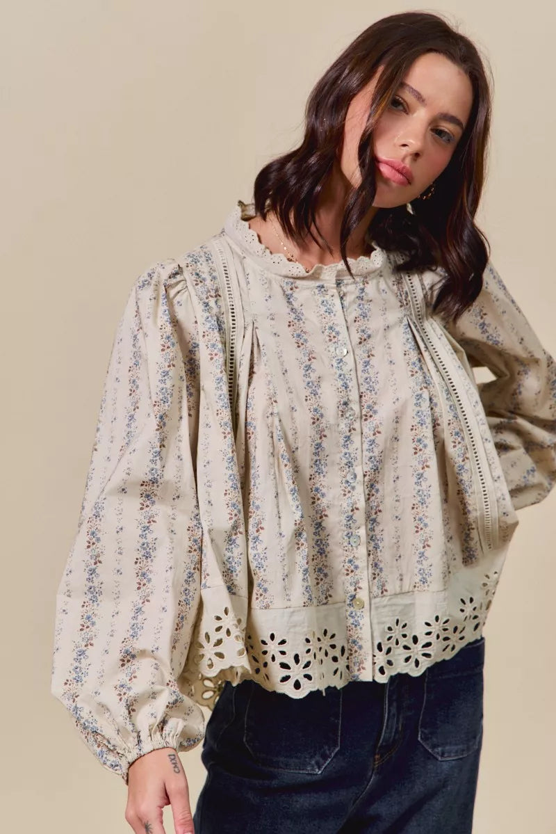 SO ME Floral Print Lace Button Down Shirt-Blouses-Trendsi-[option4]-[option5]-[option6]-[option7]-[option8]-Shop-Boutique-Clothing-for-Women-Online