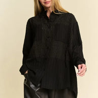 Davi & Dani Crinkled Jacquard Button Down Shirt-Blouses-Trendsi-Black-S-[option4]-[option5]-[option6]-[option7]-[option8]-Shop-Boutique-Clothing-for-Women-Online