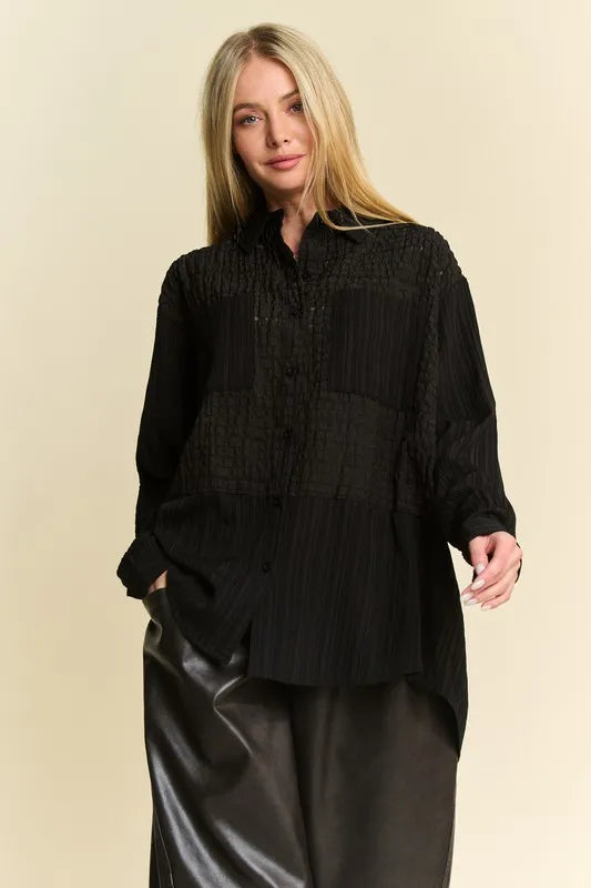 Davi & Dani Crinkled Jacquard Button Down Shirt-Blouses-Trendsi-Black-S-[option4]-[option5]-[option6]-[option7]-[option8]-Shop-Boutique-Clothing-for-Women-Online