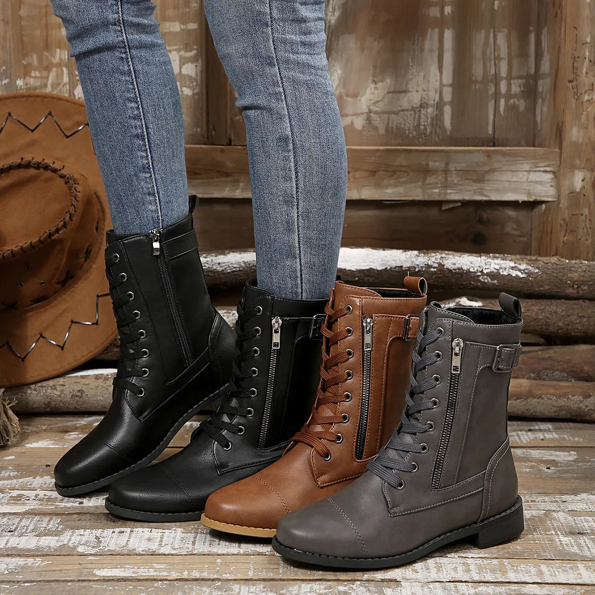 Round Toe Lace Up Block Heels Boots-110 Fashion Boots-Trendsi-[option4]-[option5]-[option6]-[option7]-[option8]-Shop-Boutique-Clothing-for-Women-Online