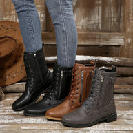 Round Toe Lace Up Block Heels Boots-110 Fashion Boots-Trendsi-[option4]-[option5]-[option6]-[option7]-[option8]-Shop-Boutique-Clothing-for-Women-Online