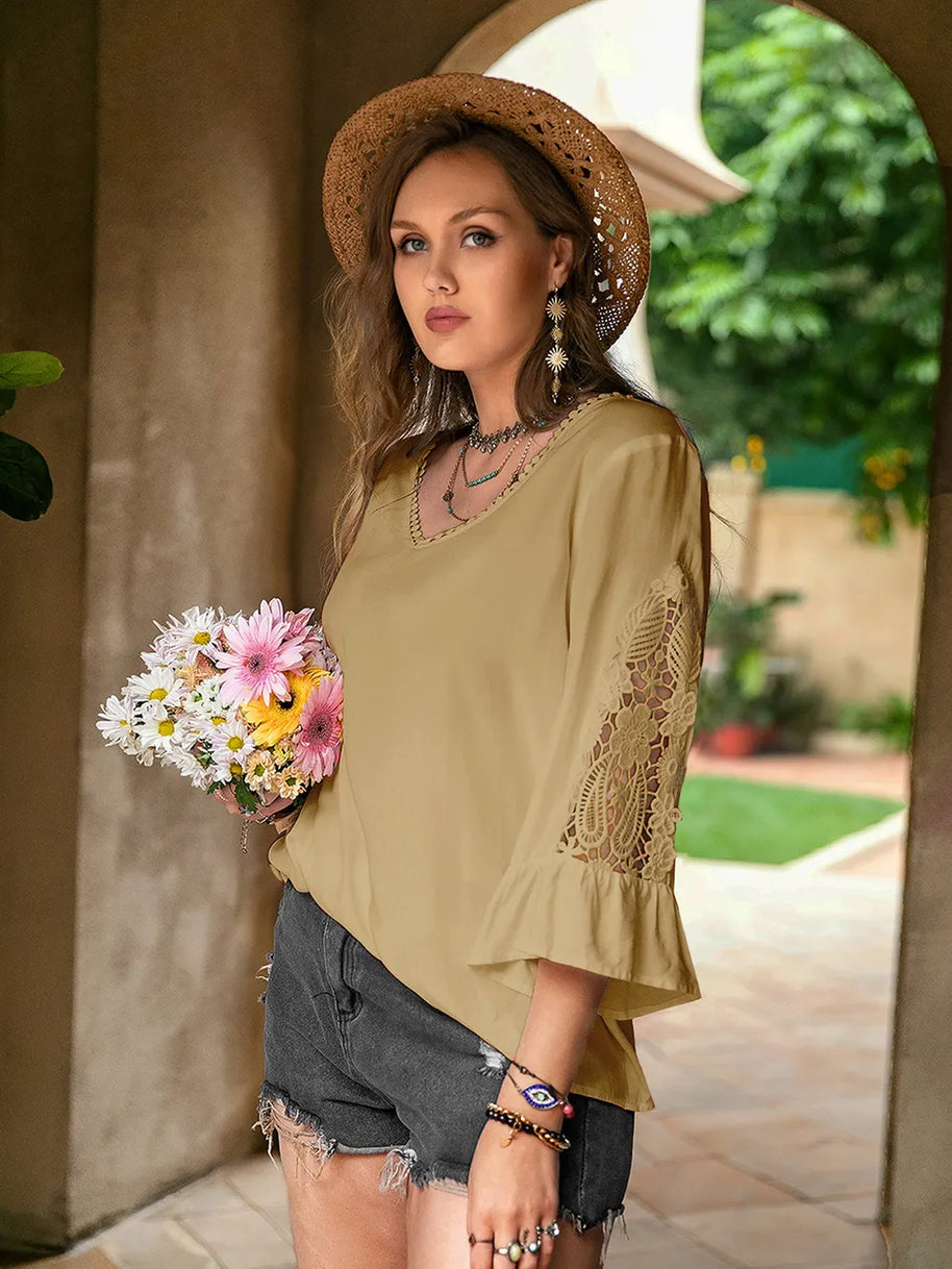 Plus Size Lace Detail V-Neck Flounce Sleeve Blouse-Blouses-Trendsi-[option4]-[option5]-[option6]-[option7]-[option8]-Shop-Boutique-Clothing-for-Women-Online