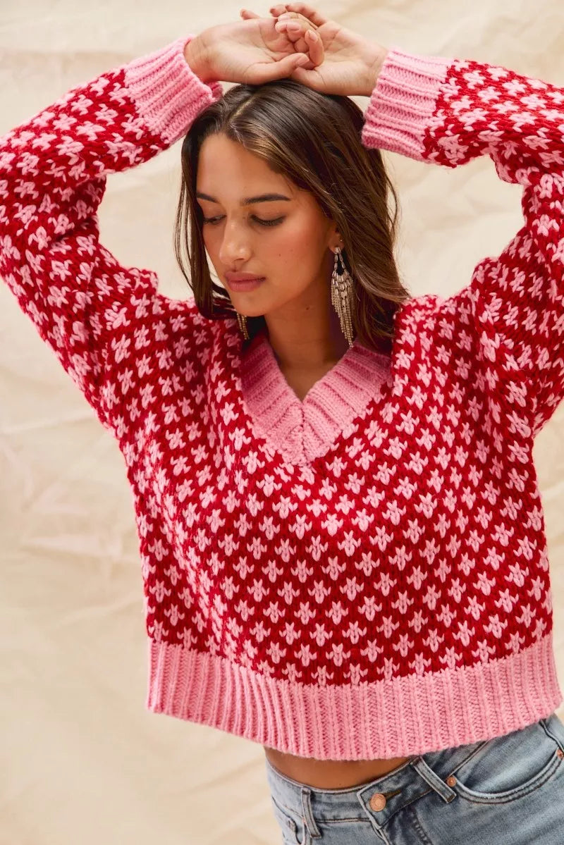 SO ME Color Block Textured Christmas Sweater V Neck Top-Sweaters-Trendsi-[option4]-[option5]-[option6]-[option7]-[option8]-Shop-Boutique-Clothing-for-Women-Online