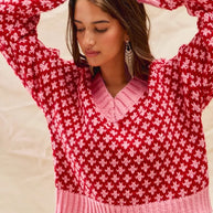 SO ME Color Block Textured Christmas Sweater V Neck Top-Sweaters-Trendsi-[option4]-[option5]-[option6]-[option7]-[option8]-Shop-Boutique-Clothing-for-Women-Online