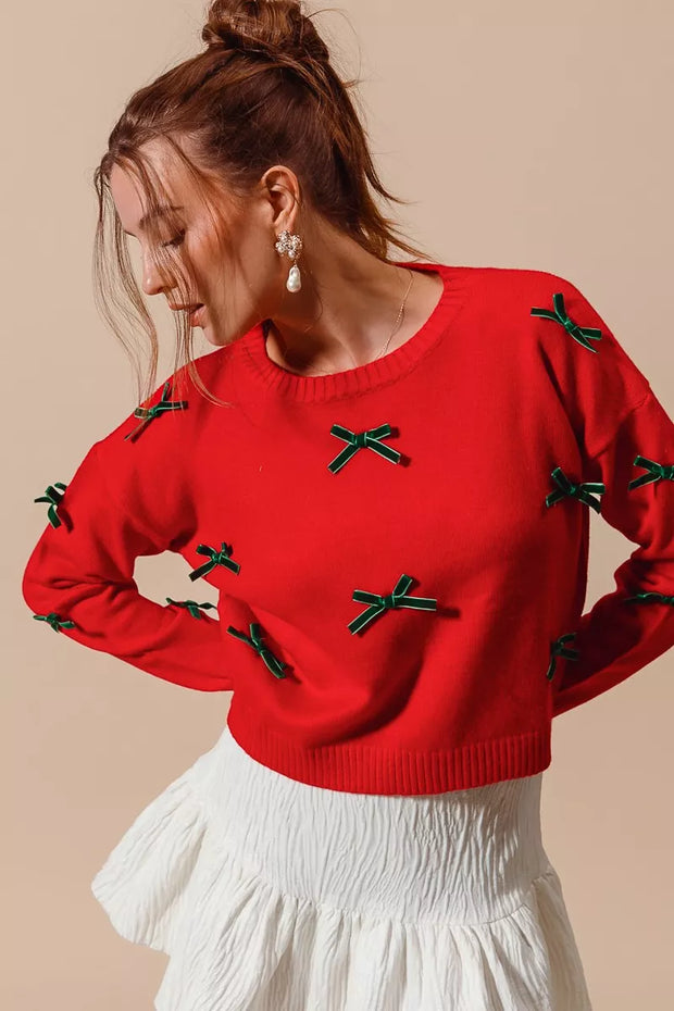 SO ME Ribbon Bow Applique Sweater-Sweaters-Trendsi-RED/HUNTER-S-[option4]-[option5]-[option6]-[option7]-[option8]-Shop-Boutique-Clothing-for-Women-Online