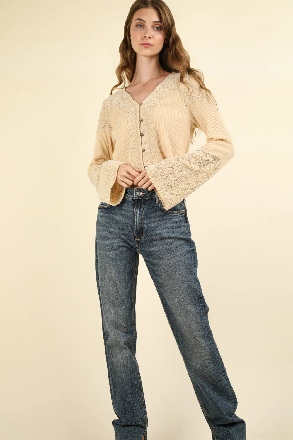 VERY J V-Neck Lace Detail Button Down Crop Ribbed Knit Top-Crop Tops-Trendsi-[option4]-[option5]-[option6]-[option7]-[option8]-Shop-Boutique-Clothing-for-Women-Online