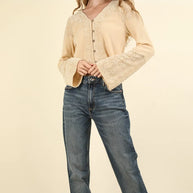 VERY J V-Neck Lace Detail Button Down Crop Ribbed Knit Top-Crop Tops-Trendsi-[option4]-[option5]-[option6]-[option7]-[option8]-Shop-Boutique-Clothing-for-Women-Online