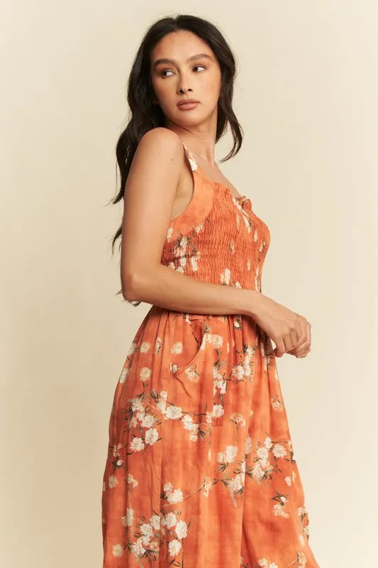 Davi & Dani Floral Ruffle Square Neck Smocking Bodice Jumpsuit-Jumpsuits & Rompers-Trendsi-[option4]-[option5]-[option6]-[option7]-[option8]-Shop-Boutique-Clothing-for-Women-Online