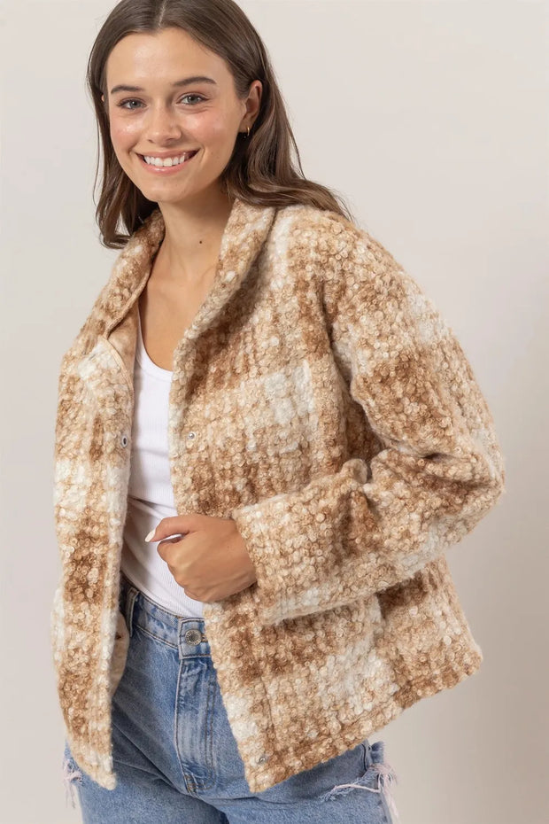 HYFVE Plaid Collared Neck Boucle Jacket with Pockets-Jacket-Trendsi-Taupe-S-[option4]-[option5]-[option6]-[option7]-[option8]-Shop-Boutique-Clothing-for-Women-Online