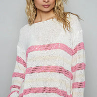 POL Striped Openwork Round Neck Knit Top-knit top-Trendsi-IVORY/PINK-S-[option4]-[option5]-[option6]-[option7]-[option8]-Shop-Boutique-Clothing-for-Women-Online