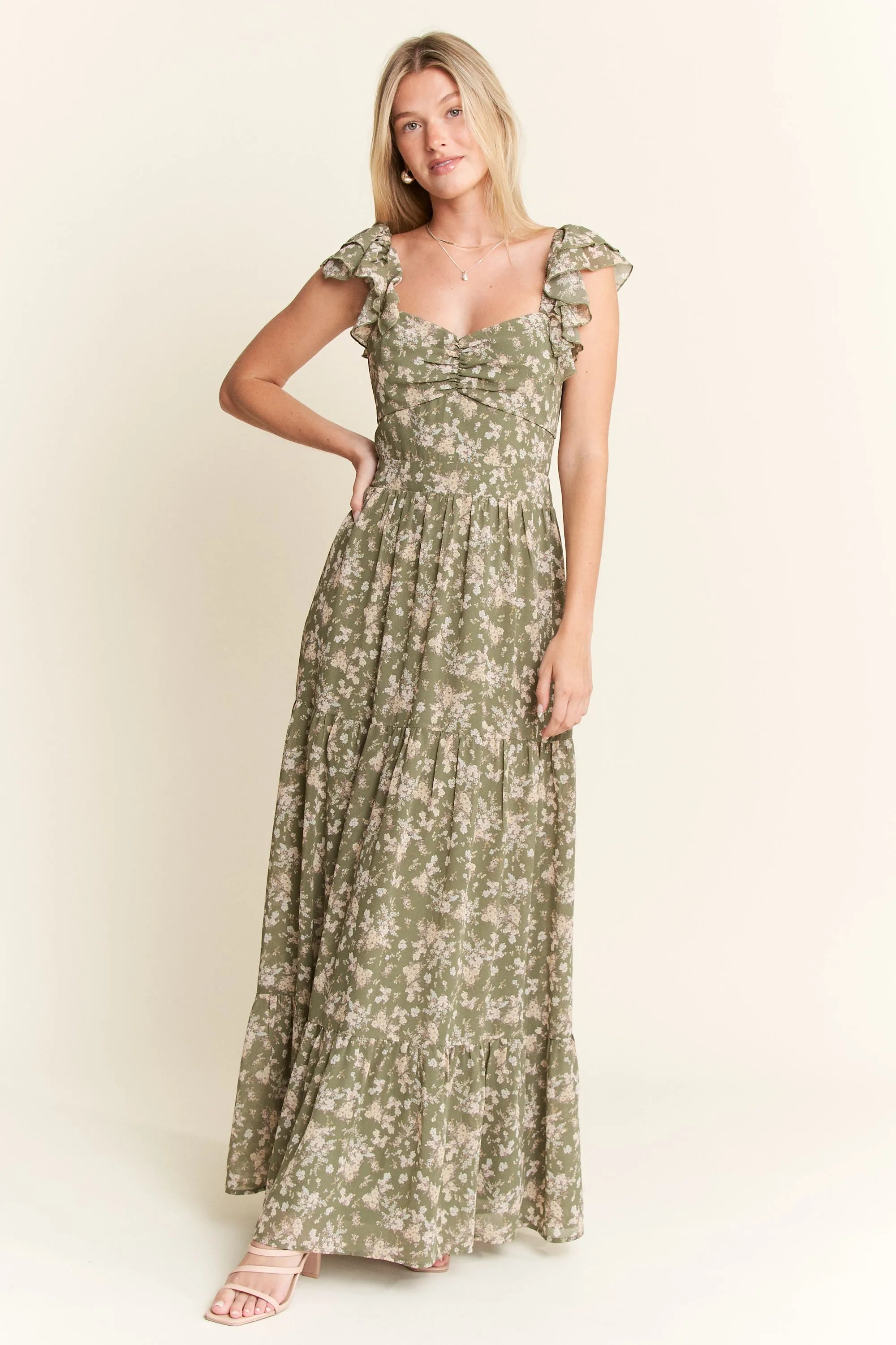 Jade By Jane Ruffle Sleeve Tiered Maxi Dress-Dresses-Trendsi-SAGE-S-[option4]-[option5]-[option6]-[option7]-[option8]-Shop-Boutique-Clothing-for-Women-Online