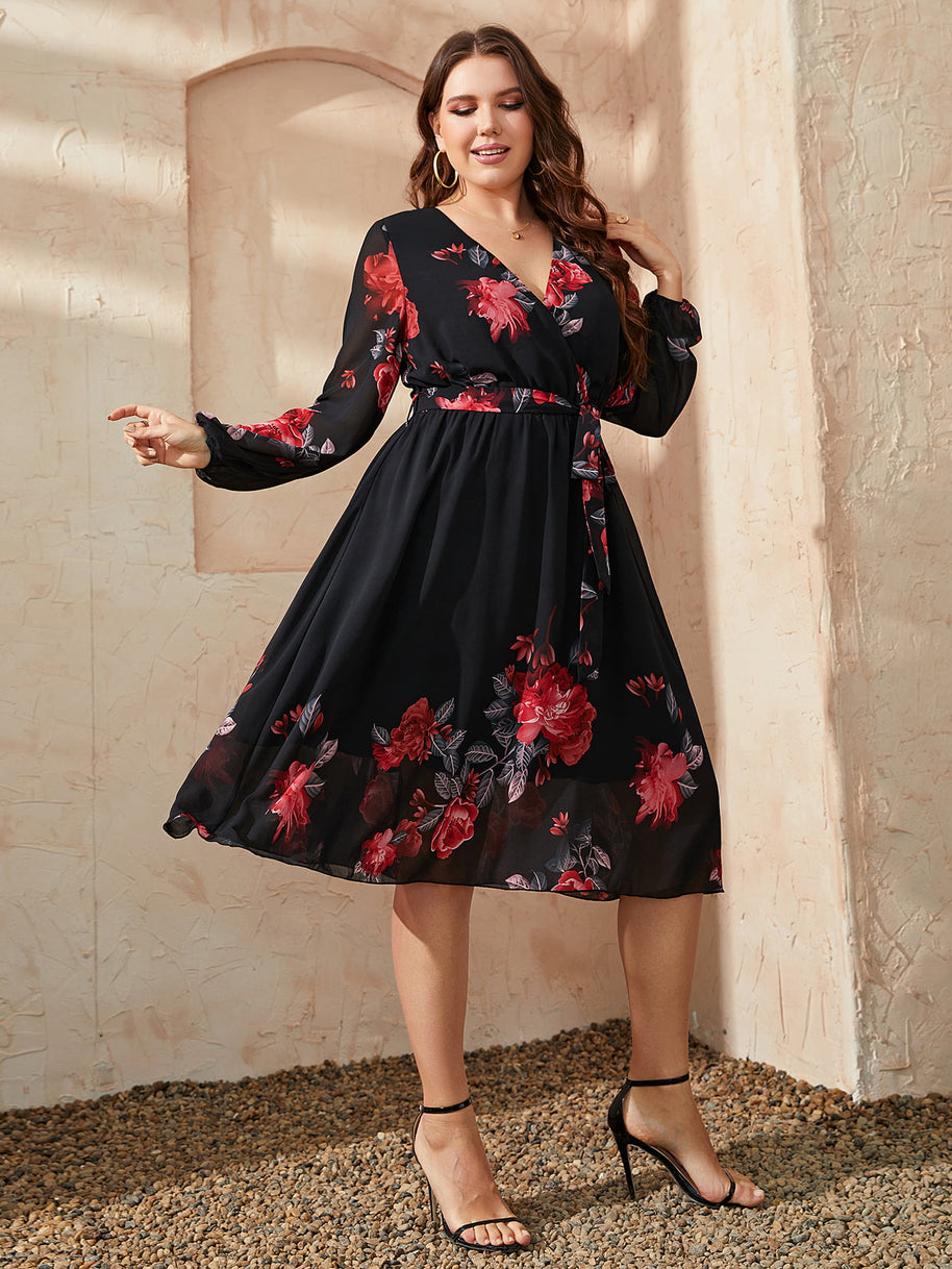 Honey Plus Size Floral Surplice Neck Tie Waist Dress-Dresses-Trendsi-[option4]-[option5]-[option6]-[option7]-[option8]-Shop-Boutique-Clothing-for-Women-Online
